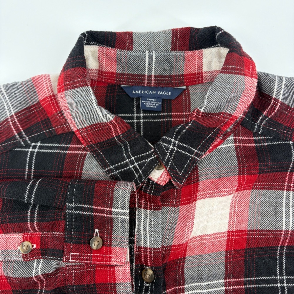American Eagle Red Black Plaid Flannel Shirt Tunic Longline Button Down Small